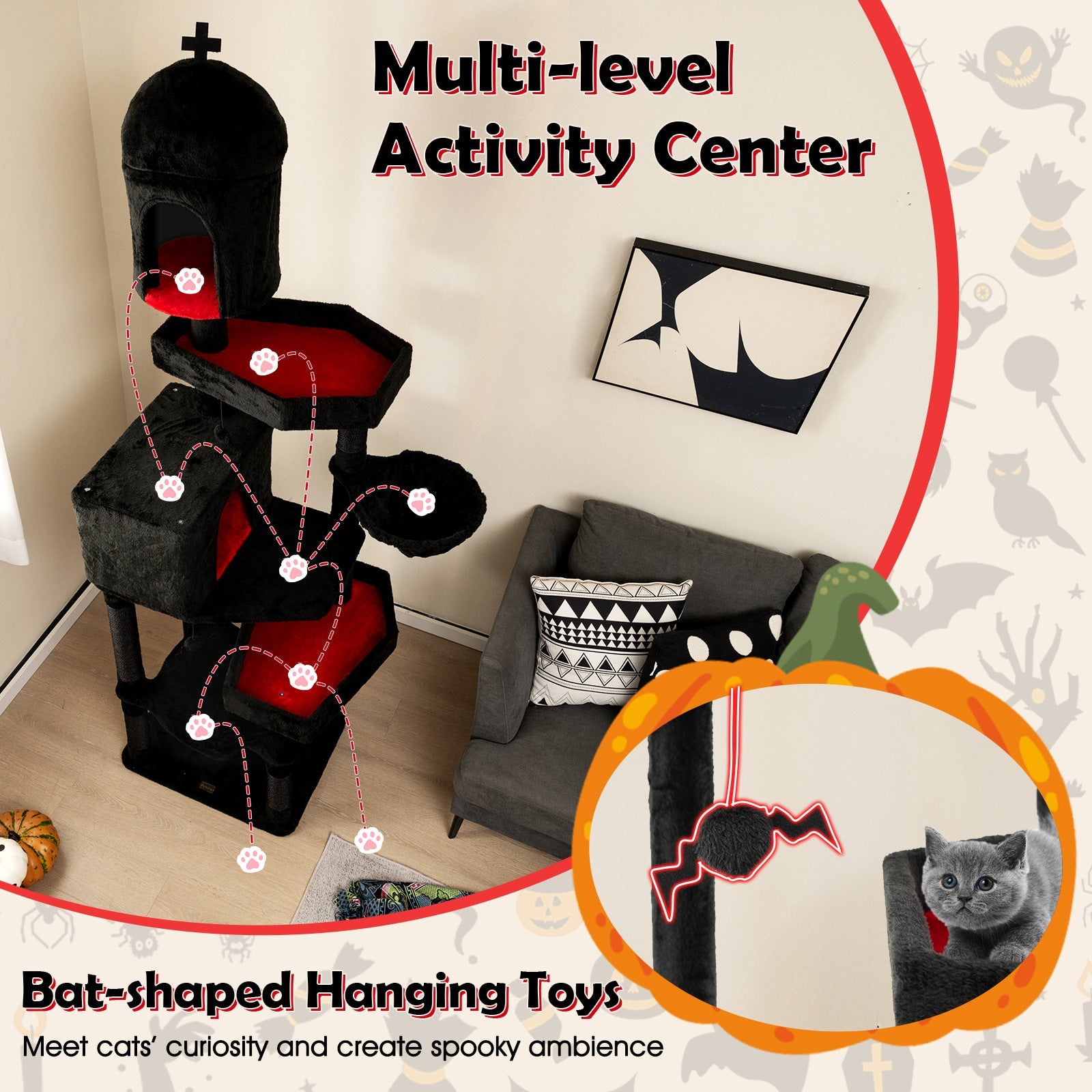 Gothic Cat Tree with 2 Cat Condos and Coffin Bed for Indoor Cats-Black